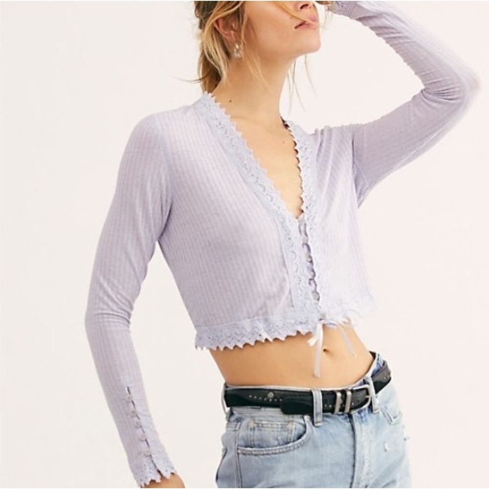 Free People Third Date Long Sleeve Crop Top Lilac Lace Cardigan Cottagecore XS